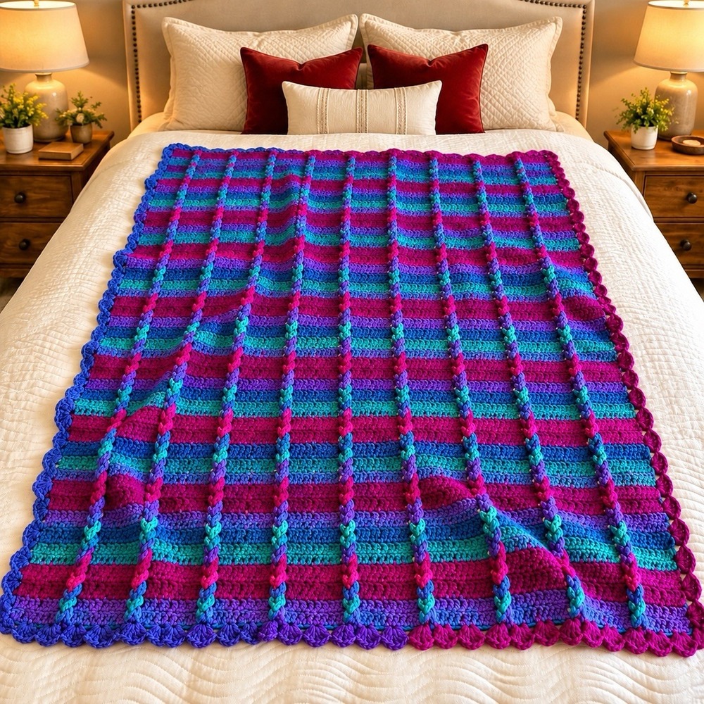 Vintage Handmade Crochet Afghan Ribbed Purple Pink Stripe Weighty Blanket 49x67